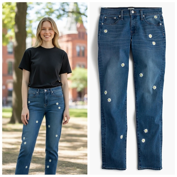 J. Crew Embroidered Slim Broken In Boyfriend Jeans H0911 Daisy Flowers Boho 27 - Picture 1 of 9